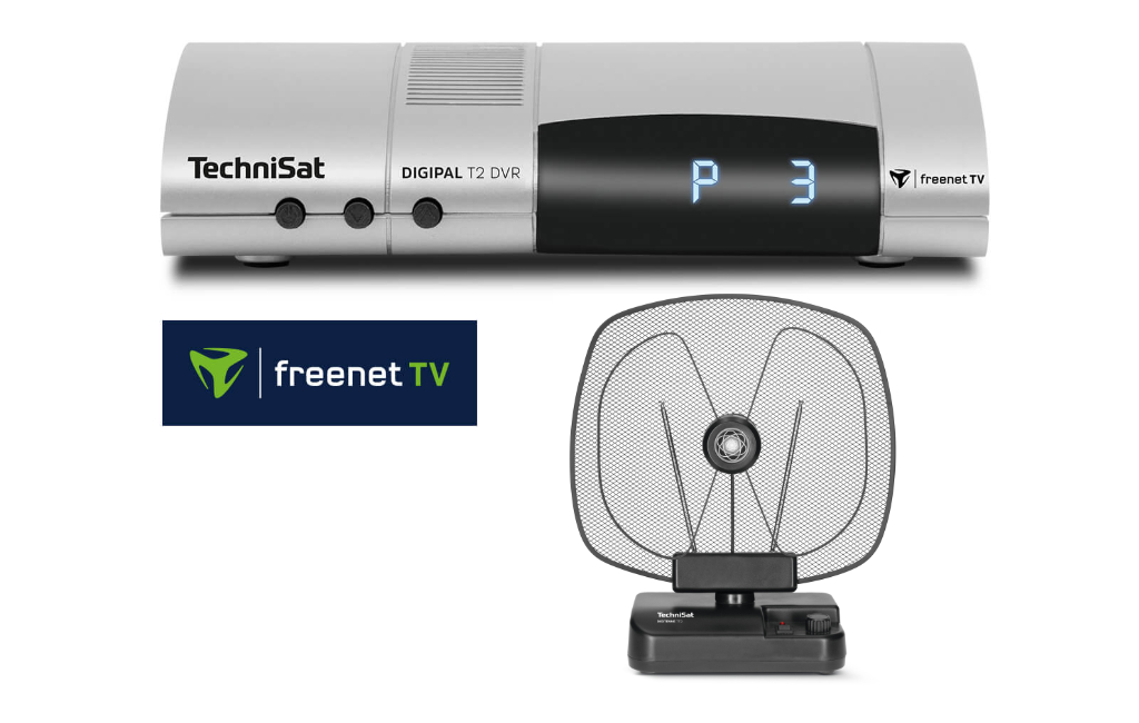 DVBT2 Receiver mit Zimmerantenne und Auszeichnung von freenet TV